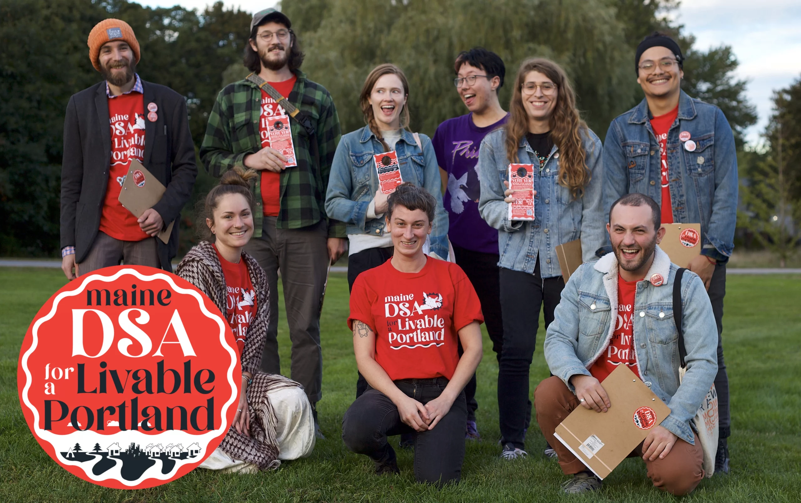 9 volunteers pose at a livable portland informational canvass ahead of the 2022 election.