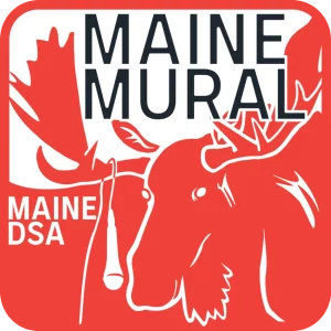 Maine DSA Moose mascot with microphone hanging from antlers under the text "Maine Mural"