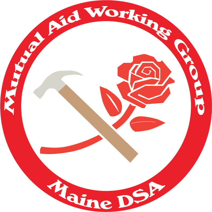 mawg-maine a dense, brightly colored apartment building overlayed with a design element showing rows of stylized apartment buildings overlaid with the maine dsa logo