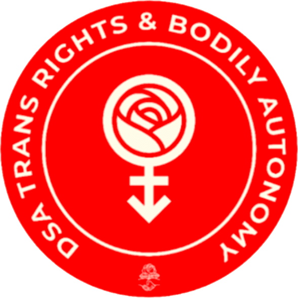 Circular red logo that reads "DSA Trans Rights & Bodily Autonomy" with a rose inside of a circle that has a downward arrow with a bar across it, as a combination of the male and female gender symbols.